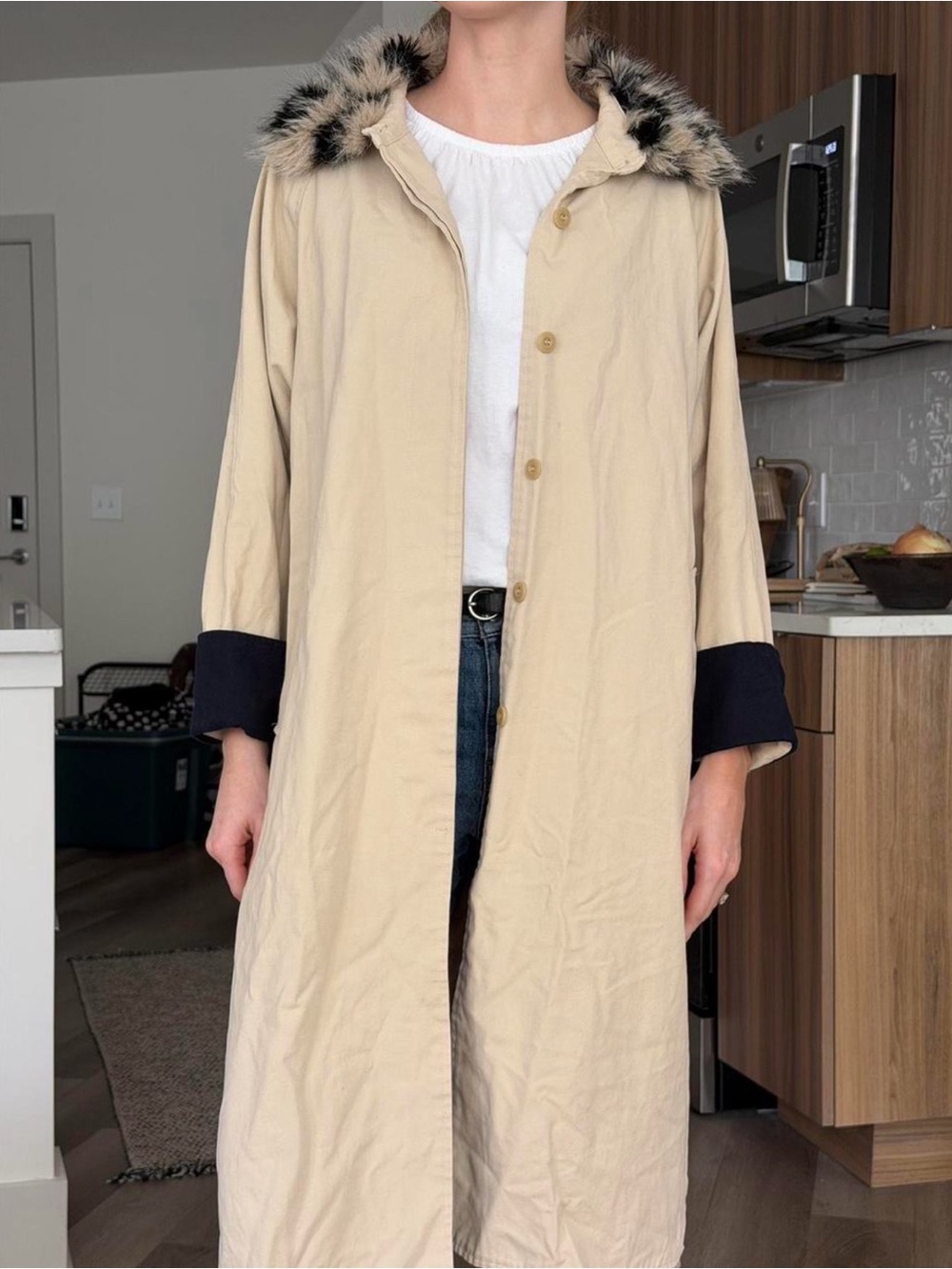 SISTER JANE Beige Long Hooded Coat with Faux-Fur Trim